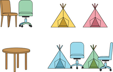 Flat furniture and camping tent vector set featuring chairs, table, office seating, and colorful teepee tents for home, workspace, and lifestyle design © Sirajul