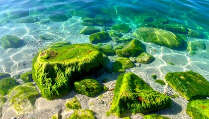Underwater rocks covered in vibrant green moss. Clear water, sunlight filtering through