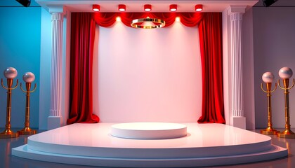 An empty pink color theme podium background with red curtains and lights