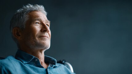 A man in a blue shirt is sitting in a chair and looking out the window