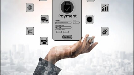 Innovative digital payment concept with hand holding a virtual payment interface and various transaction icons in a modern urban setting Gluon.