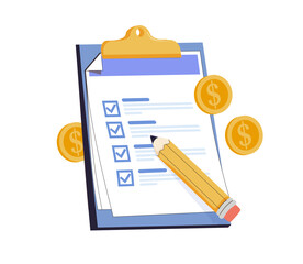 Clipboard with a checklist, pencil and dollar coin. Financial planning, budgeting tasks, money management and business