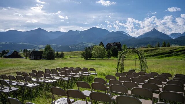 Wedding altar ceremony location with mountains timelapse
