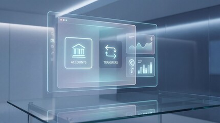 Futuristic glass display with glowing icons on a sleek table