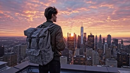 Man with backpack overlooking cityscape at sunset from rooftop viewpoint