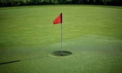 Obraz premium Golf course green grass field with red flag inside the hole during summer day