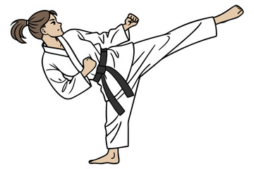 focused woman karateka training self defense isolated on white background