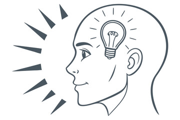 human head silhouette with glowing idea light bulb isolated on white background