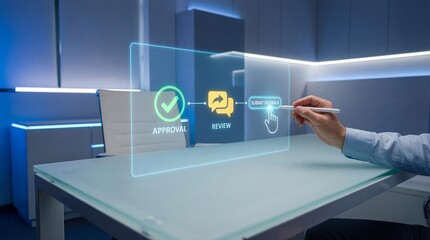 A person interacting with a futuristic augmented reality interface on a desk