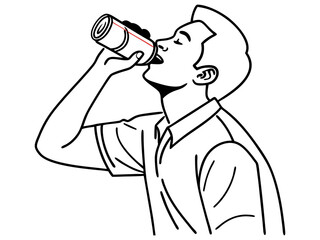 Man drinking refreshing soda from aluminum can isolated on white background