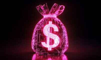 Digital money bag showing dollar sign for finance business and modern investment