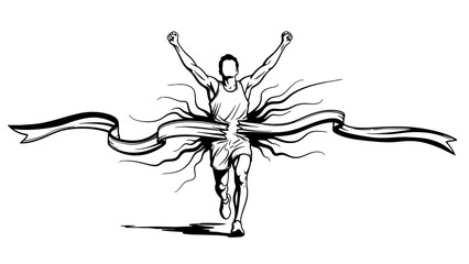 Joyful male runner celebrating victory with arms raised, breaking through a dynamic finish line ribbon on an isolated white background.