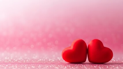 Obraz premium Two Red Hearts on Glittering Pink Surface love romance
