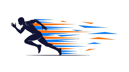 Dynamic silhouette of a male runner sprinting with abstract speed lines in orange and blue on an isolated white background.