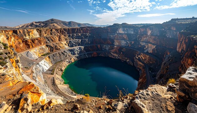 Vast open-pit mine with turquoise lake