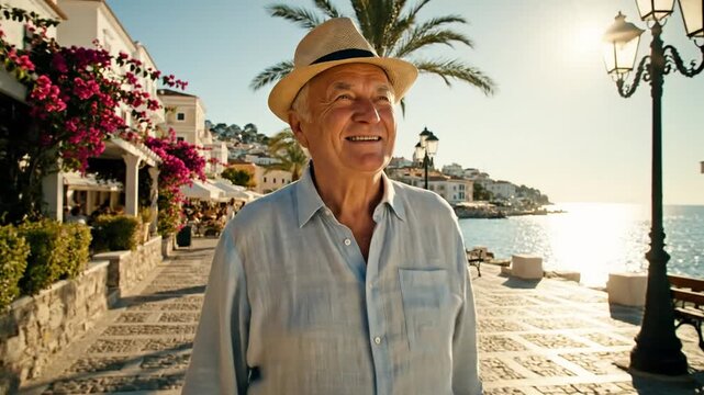 Happy Senior Man Strolling Along a Sunny Mediterranean Promenade perfect for Travel agency advertising, retirement planning, lifestyle magazines, tourism
