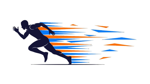 Dynamic silhouette of a male runner sprinting with abstract speed lines in orange and blue on an isolated white background.