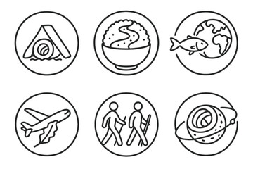 Nomadic Cuisine Icons. Line style circular vector icons of nomadic cuisine: sushi tent roll, rice road map, fish trail to