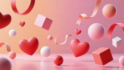Floating 3D hearts in red and blush with ribbons and golden confetti over a soft cream-pink gradient. Minimal, modern, and perfect for Valentine&rsquo;s Day campaigns.