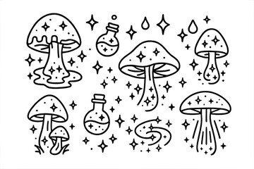 Fototapeta premium Mystic Fungi Icons. Line style icons of Mystic Fungi: mushrooms glowing with cosmic liquids, floating tiny potion vials, sparkling