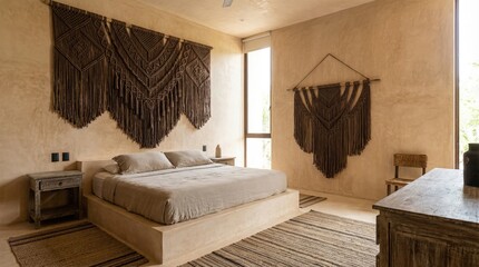 traditional macrame wall art hanging in a boho style bedroom with mexican chukum concrete walls