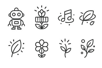 Botanical Melody Icons. Line style icons of Botanical Melody: robot, glowing flower piano, floating note, orbiting petal,