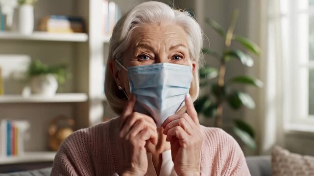 Senior Woman Puts On Protective Medical Face Mask for Health Safety perfect for health awareness campaigns, senior care websites, public health PSAs, medical