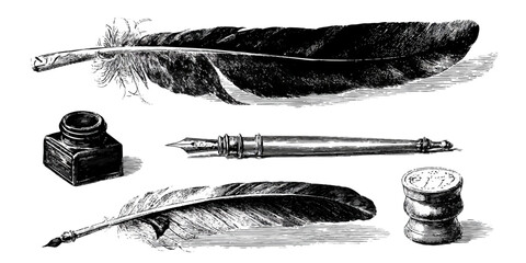 Vintage quill pen and inkwell illustration representing writing and history © darkheaven