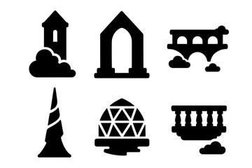 Naklejka premium Ethereal Architecture Icons. Solid style icons of ethereal architecture: cloud tower, prism arch, floating bridge, spiral spire,