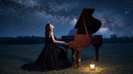 夜の草原でピアノを演奏する女性