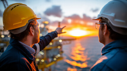 Two faceless engineers in hard hats pointing towards ocean, sunset on oil rig, petroleum operations, marine infrastructure, with copy space
