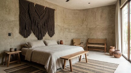 traditional macrame wall art hanging in a boho style bedroom with mexican chukum concrete walls