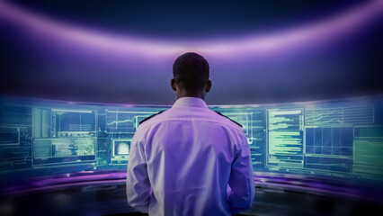 Security analyst monitoring digital systems in futuristic control room