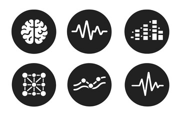Digital Harmony Icons. Solid style round vector icons of digital harmony: brain, waveform, tone bar, neural grid, rhythm flow,