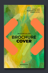 Brochure template layout, flyer cover design with green arrow watercolor background