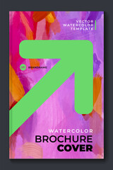 Brochure template layout, flyer cover design with pink arrow watercolor background