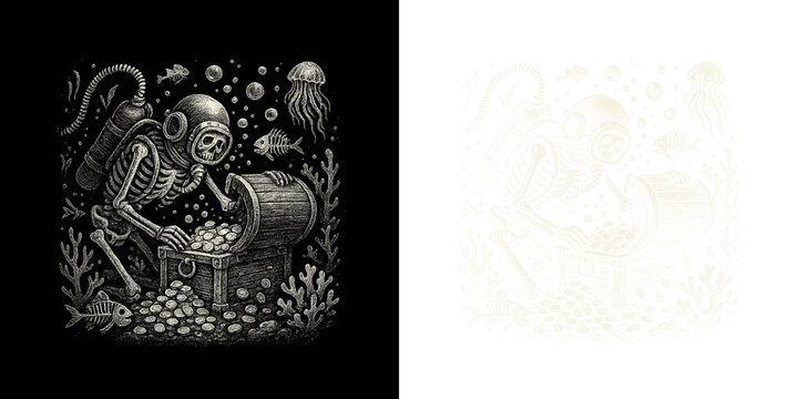 Skeleton diver finding treasure chest underwater with gold coins