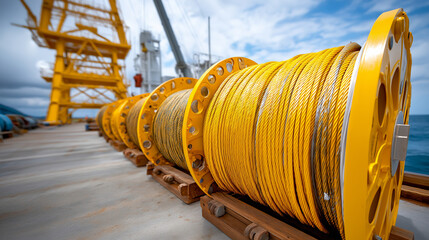 Massive spools of armored subsea umbilical cable, offshore platform deck, ready for deployment, marine infrastructure, petroleum operations, with copy space