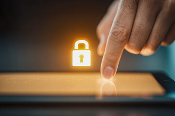 Person using a digital tablet with glowing lock icon symbolizing secure access and data protection through modern touchscreen technology