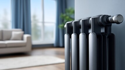 A black radiator sits in front of a window in a living room