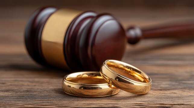 A gold wedding ring is on a wooden table next to a wooden gavel