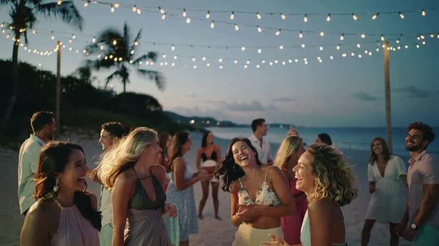 Video of happy young people dancing and having good time during outdoor beach party on warm sand in evening.Slow motion.AI Generative.