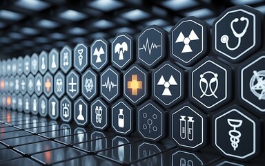 Futuristic conceptual design of medical symbols and icons representing healthcare and scientific innovation