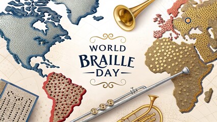 World Braille Day illustration featuring global maps, braille dots, accessibility awareness.