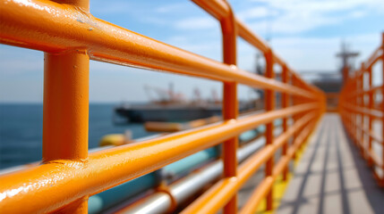 Bright orange metal railings on offshore structure, oil rig soft background, petroleum platform, marine infrastructure, safety barriers, with copy space