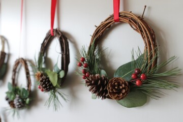 Handmade Mini Wreaths with Pinecones and Red Ribbons