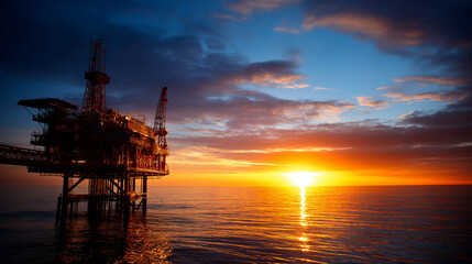 Obraz premium Oil rig sunset over water, coastal industrial landscape, scenic viewpoint, tranquil environment, petroleum platform, marine infrastructure, with copy space