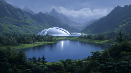 Modern Architectural Marvel by the Lake: A futuristic building of contemporary architecture, reflecting in the serene lake waters. Nestled amidst towering green mountains.