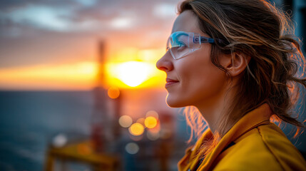 Beautiful shot of faceless woman engineer on offshore oil platform, sunset over ocean, warm vibrant light, peaceful powerful atmosphere, with copy space