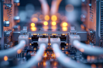 Network cables connected to a computer server with glowing indicator lights showing active data communication inside a technology infrastructure setup